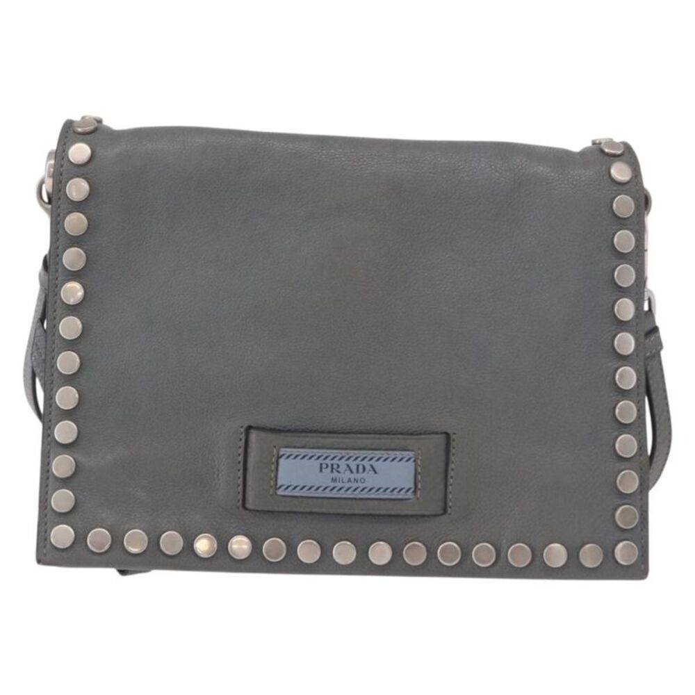 Prada Etiquette Flap Studded Glace Calfskin Gray Leather Handbag